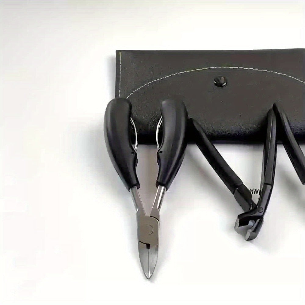 Wide-Jaw Nail Clipper Set, Six-Piece Black-Handle Kit with Curved, Slanted and Narrow Tools, Lifter, File and Storage Pouch