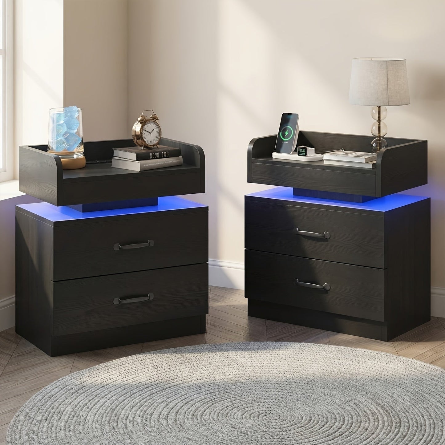Nightstand Tray-Top Two-Drawer Bedside Table with Charging Station, LED Light and Black or White Finish