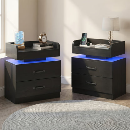 Nightstand Tray-Top Two-Drawer Bedside Table with Charging Station, LED Light and Black or White Finish