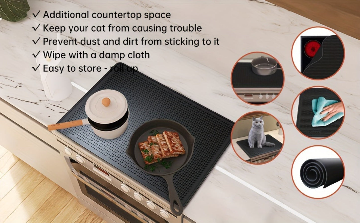 Black Silicone Electric Stove Top Cover Mat, 28 x 20 Inch Raised-Ridge Countertop Protector