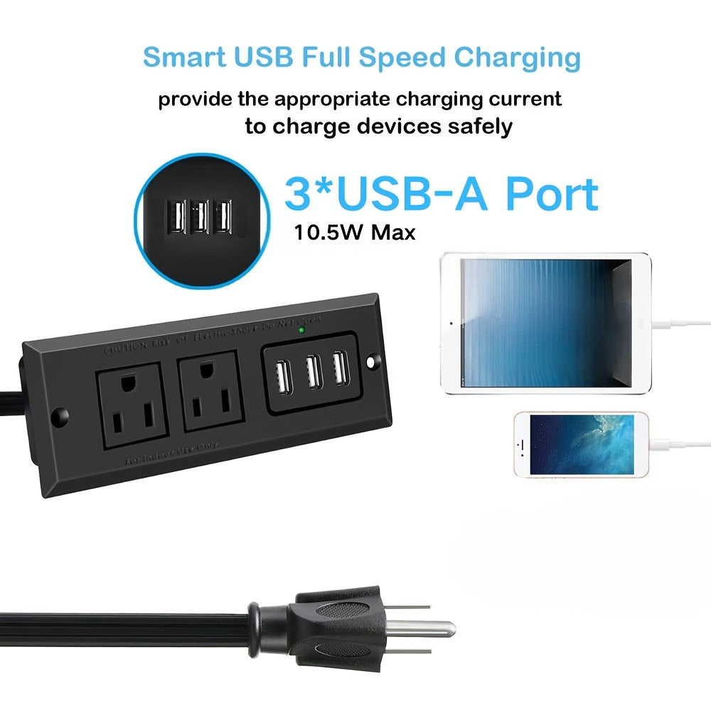 Recessed Power Strip Flush Mount Desk Outlet - 2 AC Outlets & 3 USB-A Ports, Desktop Charging Station with LED Indicator Light & 4.92FT Cord for Side Table, Sofa Table, Nightstand & Home Office