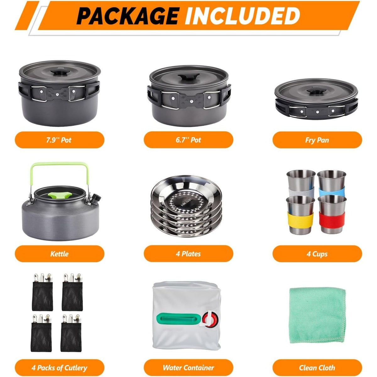 Camping Cookware Set, 19- or 27-Piece Coated Aluminum Mess Kit with Pot, Pan, Kettle, Cups, Plates and Cutlery