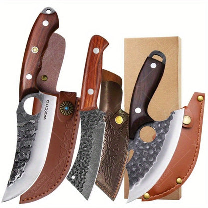 Viking Chef Knife Set 3/4pcs Hammered Stainless Steel Kitchen Knives – Boning, Utility & BBQ Knife with Wooden Handle for Cooking, Camping & Outdoor