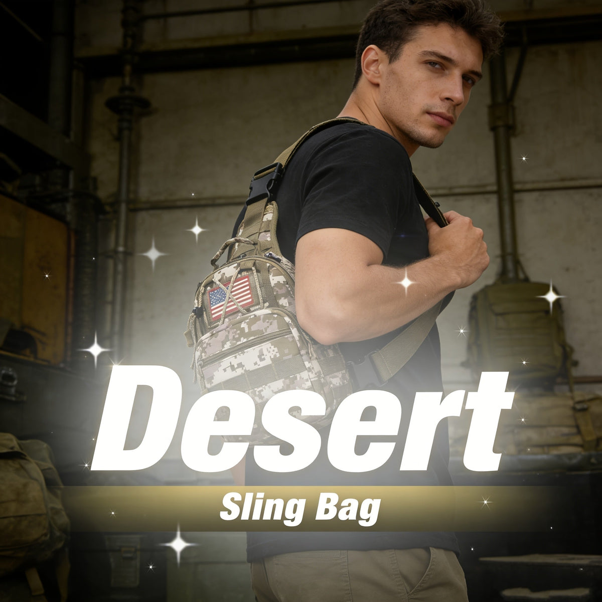 Compact Tactical Sling Backpack with Flag-Patch and Camo Options across Six Complete Checkout Styles