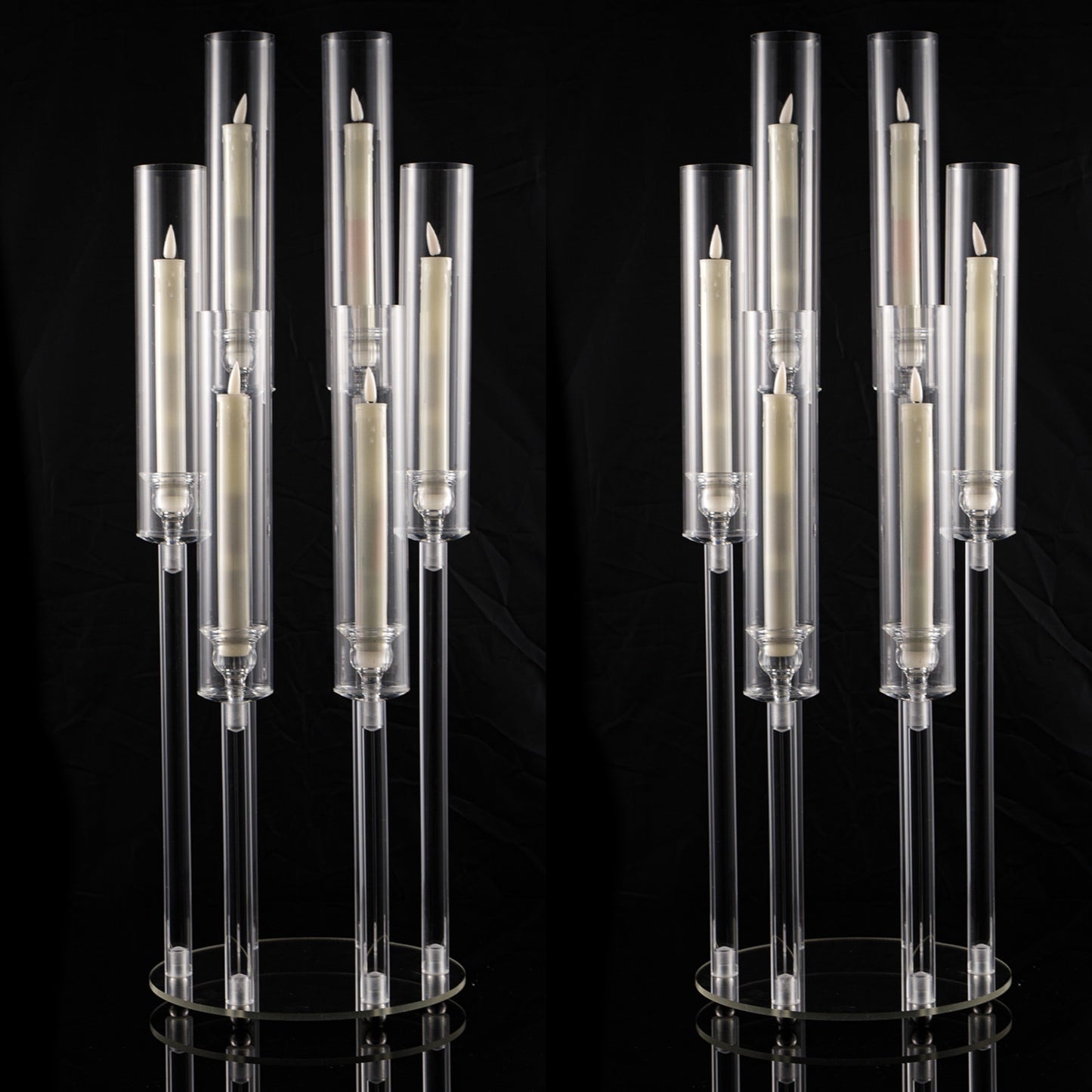 Clear Acrylic Six-Arm Candelabra with 68cm Height, 22cm Round Base and 2-, 4-, 10-, 12- or 20-Piece Options