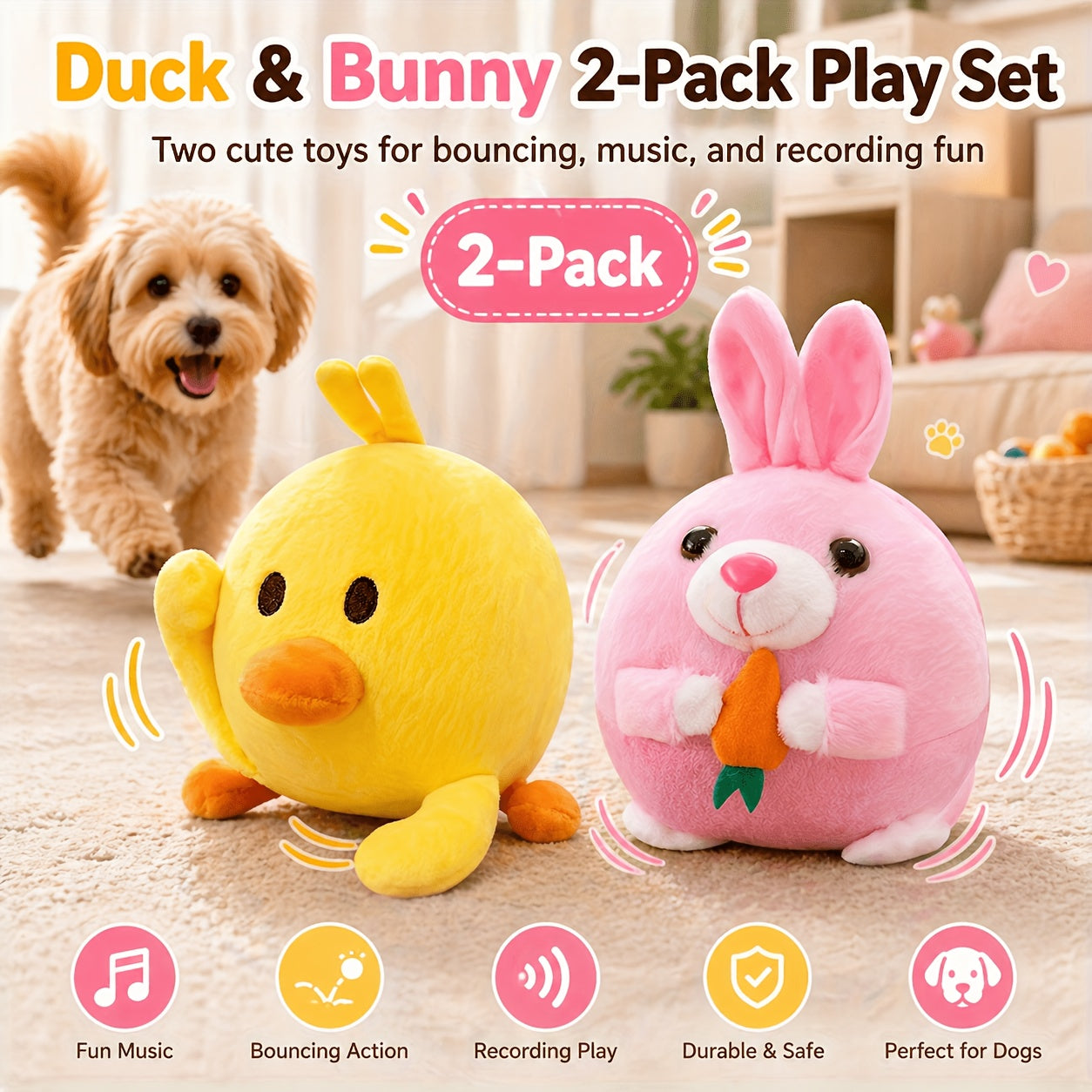 Dog Toy USB-Rechargeable Bouncing Character with Voice Recording, Music and Animal Sound Modes
