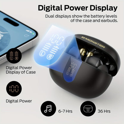 Monster Wireless Earbuds Stereo Sport Earphones Noise Canceling Condenser Mic LED Display Built-in Microphone Clear Calls Bluetooth for Sports Gym Running Black