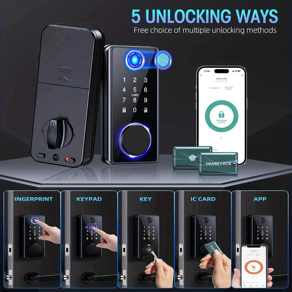 Smart Door Lock Five-Method Deadbolt with Fingerprint PIN IC Card App Key and 100-User Capacity