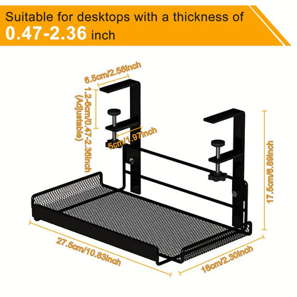 Clamp-On Cable Management Tray No Drill, Under Desk Wire Organizer Alloy Steel Mesh Holds, Fits 0.4"-2.4" Desks