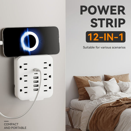 Power Strip Direct-Wall 12-in-1 Outlet Extender with 6 AC Outlets, 4 USB-A, 2 USB-C and 110–130V Input