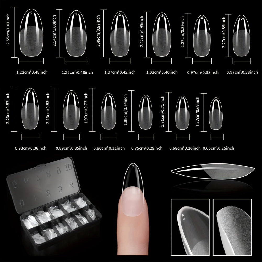 Clear Full-Cover Nail Tips, 600-Piece Set in Nine Almond, Oval, Stiletto, Coffin and Square Length Options