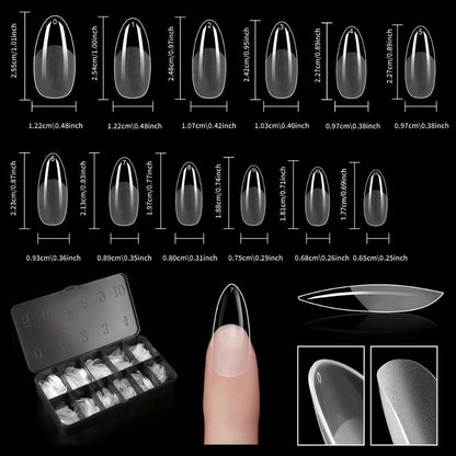 Clear Full-Cover Nail Tips, 600-Piece Set in Nine Almond, Oval, Stiletto, Coffin and Square Length Options