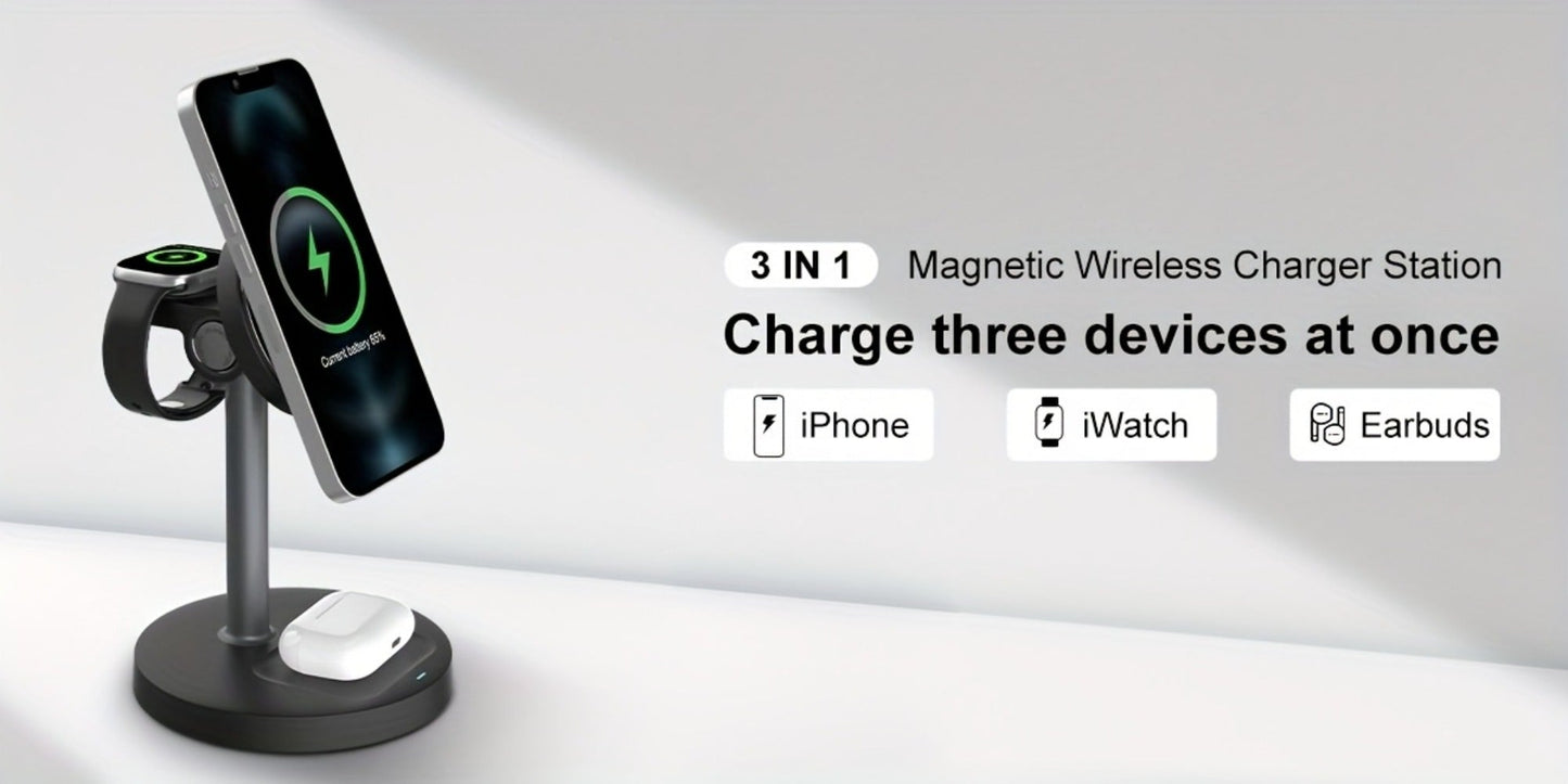 3-in-1 Wireless Charging Station 6 Colors Fast Qi Charger for iPhone 17/16/15/14/13/12, Apple Watch Ultra/Series 11/10/9/SE & AirPods 4/3/2 Pro – Anti-Slip Foreign Object Detection | Pink White Black Purple Green Blue