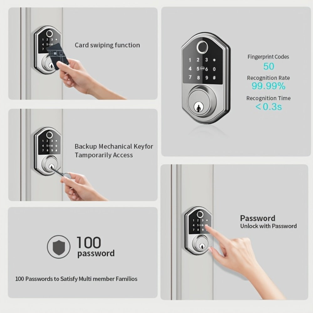 Anti-Peep Keypad Door Lock with Fingerprint & Auto-Lock - Biometric Smart Lock, IC Card Option, Keyless Entry for Home, Bedroom, Office & Apartment, Easy DIY Install, Black & Silver