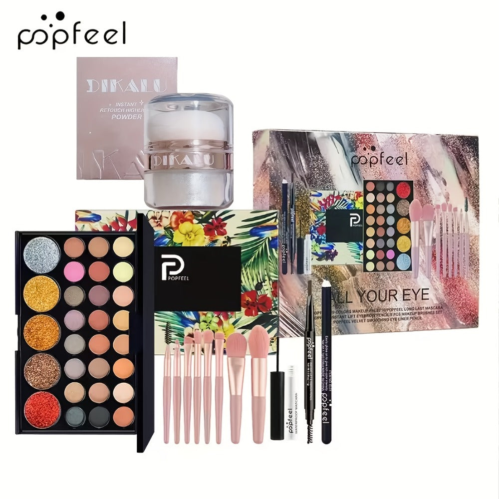 Makeup Gift Set POPFEEL 29-Color Eyeshadow Palette + Mascara + Eyeliner + Brow Pencil + Highlighter Powder + 7-Piece Brush Set | Complete Eye & Face Kit for All Skin Types | Beginner Friendly