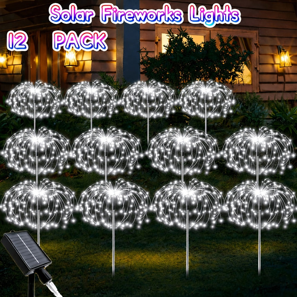 Solar Firework Garden Lights Outdoor 12 Pack 750 LED - 8 Modes Waterproof Starburst Stake Lights for Yard, Pathway, Balcony, Christmas & Holiday Decor, Multicolor or White (4-Pack / 12-Pack)
