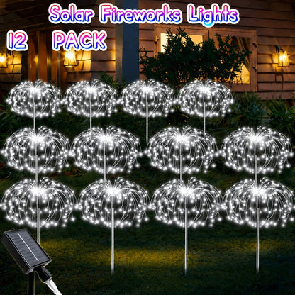 Solar Firework Garden Lights Outdoor 12 Pack 750 LED - 8 Modes Waterproof Starburst Stake Lights for Yard, Pathway, Balcony, Christmas & Holiday Decor, Multicolor or White (4-Pack / 12-Pack)