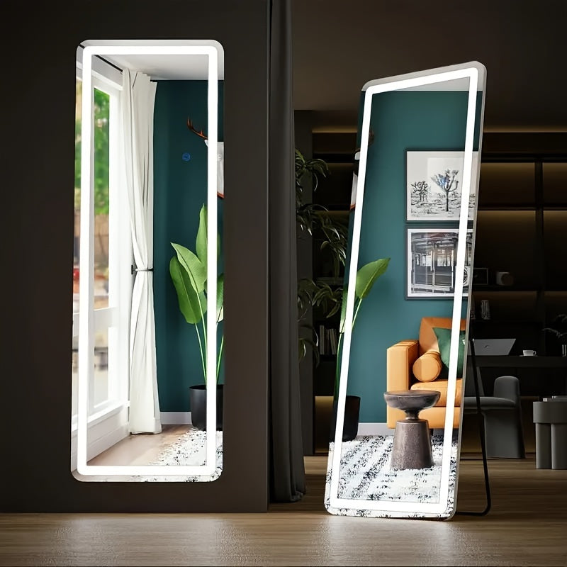 Full Length Mirror Floor Standing with LED Light - Arched & Rect Aluminum Frame Dressing Mirror for Bedroom Living Room, Black/Golden/White