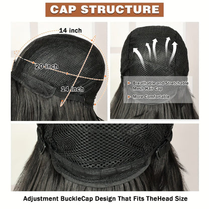 Synthetic Wig 26-Inch Black Straight Style with Full Bangs, Heat-Resistant Fiber and Machine Cap