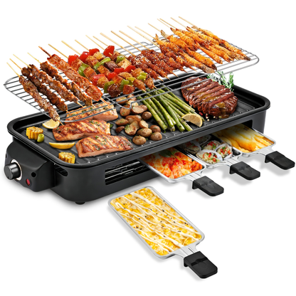 Indoor Electric Smokeless Grill 1700W with Raclette Pans, Non-Stick Plate, Portable Tabletop BBQ Griddle for Couples