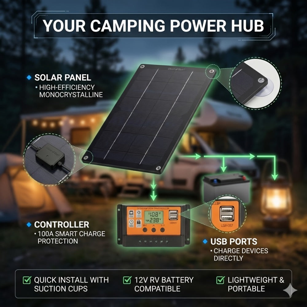 Solar Panel Kit with Charge Controller, Extension Cord & Battery Clamps - Universal Off-Grid Power for RV, Boat, Motorcycle, Outdoor Camera & Solar Generator