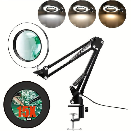 15X Magnifying Lamp with Clamp & Flexible Arm – USB LED Desk Light, 3 Color Modes 10 Brightness Levels, 360° Adjustable for Reading, Manicure, Eyelash, Sewing, Grooming & Precision Work