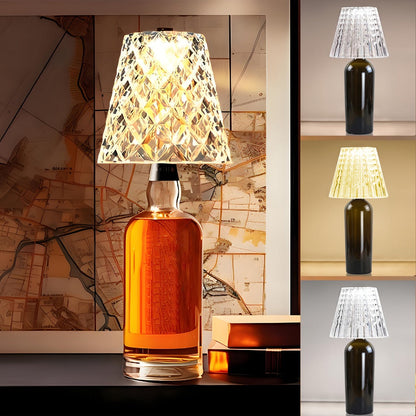 Rechargeable LED Bottle Table Lamp 2 Pack - Crystal Acrylic Wine Bottle Design, 2000mAh Cordless, 3 Color Modes, Ambient Night Light for Bedroom, Dining Table, Bar & Home Decor