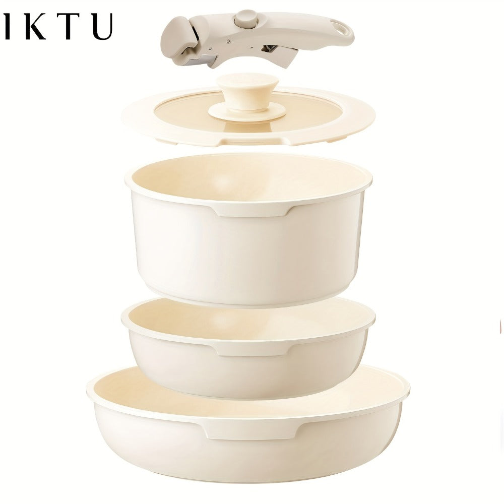 Nonstick Cookware Set 5-Piece Detachable Handle Aluminum Pots and Pans – Space-Saving Stackable Induction Compatible | 8 & 10 Inch Frying Pan Soup Pot Universal Lid | White Pink Beige Coral Pink