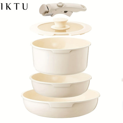 Nonstick Cookware Set 5-Piece Detachable Handle Aluminum Pots and Pans – Space-Saving Stackable Induction Compatible | 8 & 10 Inch Frying Pan Soup Pot Universal Lid | White Pink Beige Coral Pink