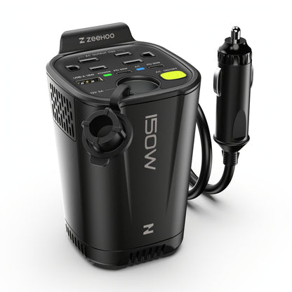 Black 150W Vertical Car Power Inverter with Two 110V AC Outlets, USB-A and USB-C Ports for Vehicles