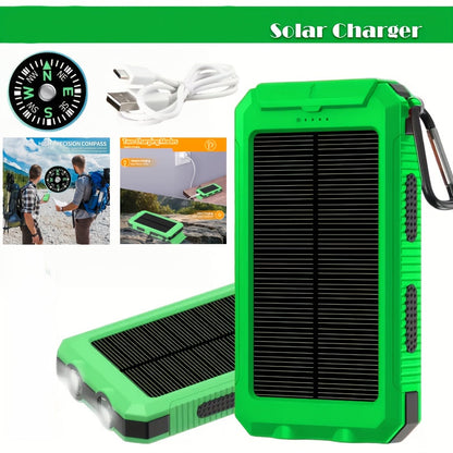Solar Power Bank, 10000mAh USB Charger with Solar Panel, LED Flashlight, Compass, Data Cable and Backpack Hook