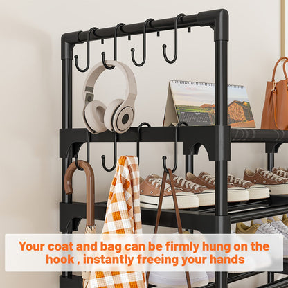 Shoe Rack 4-Row 9-Tier Metal Organizer for Up to 64 Pairs with Modular Black Freestanding Design
