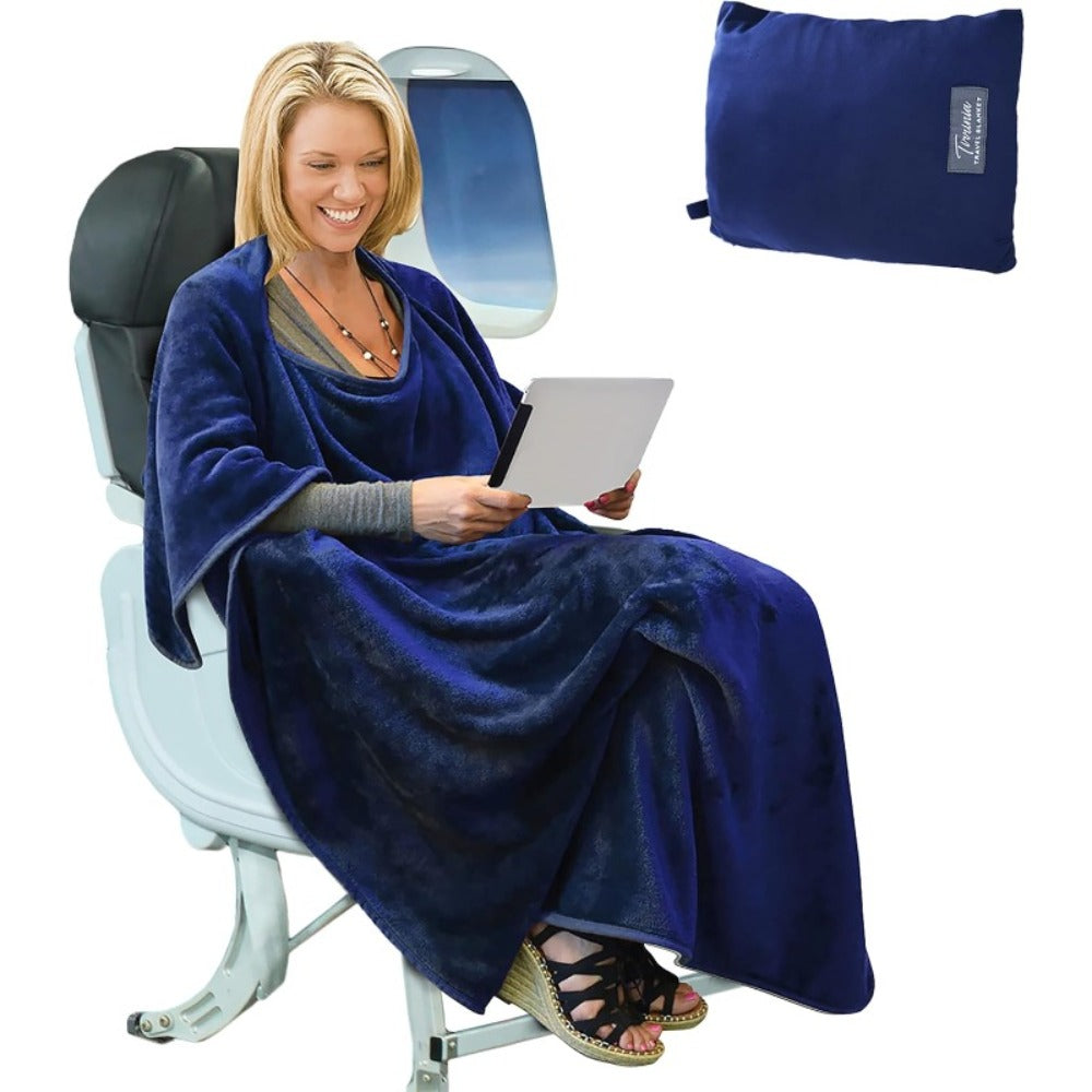 Royal Blue 4-in-1 Travel Blanket with Zipper Bag, Poncho, Pillow and Lumbar Support Format, 40 x 60 Inches