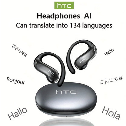 HTC NE19 Open-Ear AI Translation Earbuds with Oval Charging Case in Black, Gunmetal, Beige or Purple