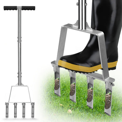 Lawn Core Aerator Tool with 4 Hollow Tines - Heavy Duty Manual Plug Aerator for Yard Soil Loosening, Thatch Removal, Grass Maintenance & Deep Core Aeration for Residential and Commercial Lawns