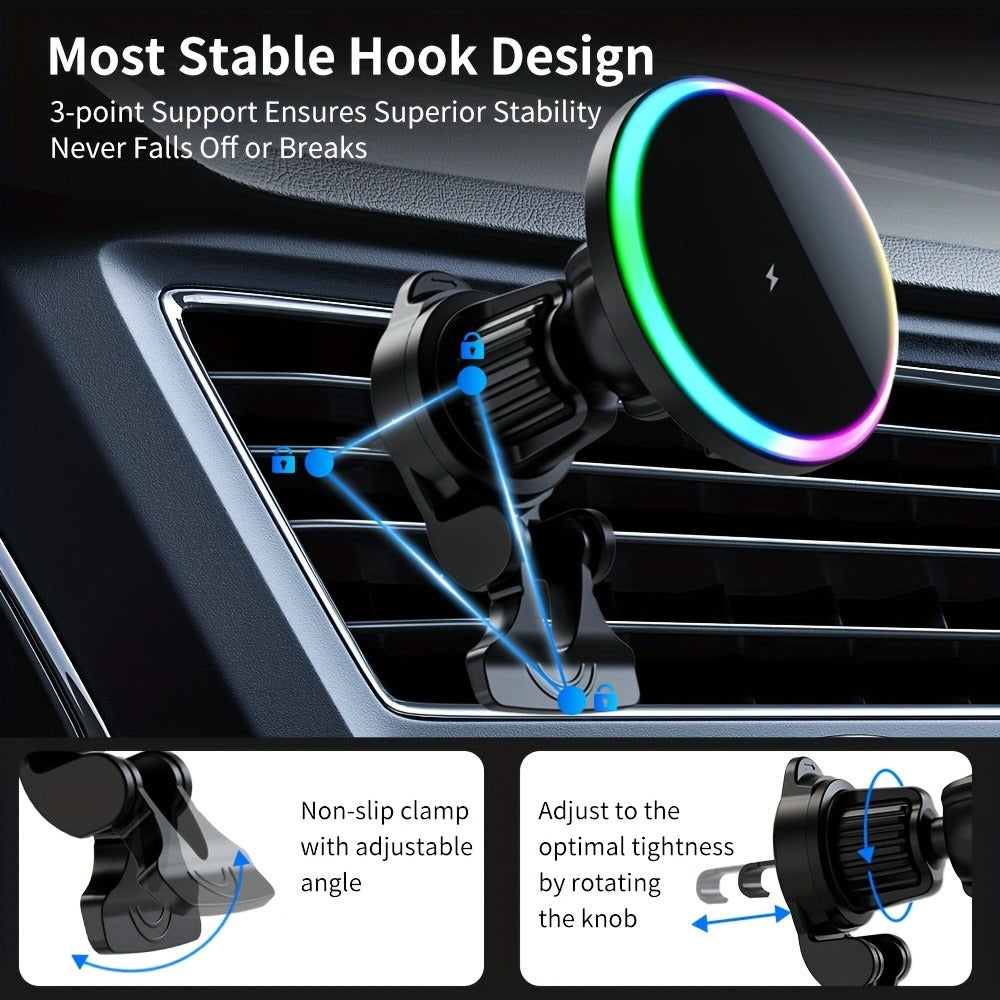 Wireless Car Charger with USB-C Adapter Included 15W Magnetic Vent Dashboard Phone Mount for iPhone 17 16 15 14 13 12 Pro Max, Samsung Galaxy S24 S23 S22, All Qi Android Phones – Black