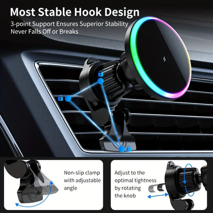 Wireless Car Charger with USB-C Adapter Included 15W Magnetic Vent Dashboard Phone Mount for iPhone 17 16 15 14 13 12 Pro Max, Samsung Galaxy S24 S23 S22, All Qi Android Phones – Black