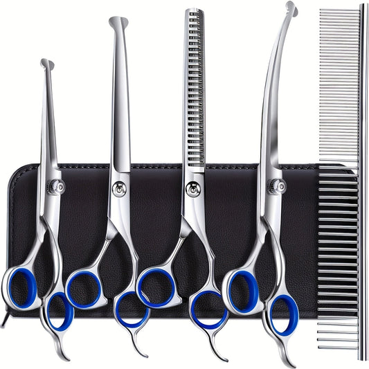 Dog Grooming Scissors Set 6-in-1 Titanium Coated Stainless Steel Pet Shears Safety Round Tip for Dogs Cats Universal Hand Orientation Professional