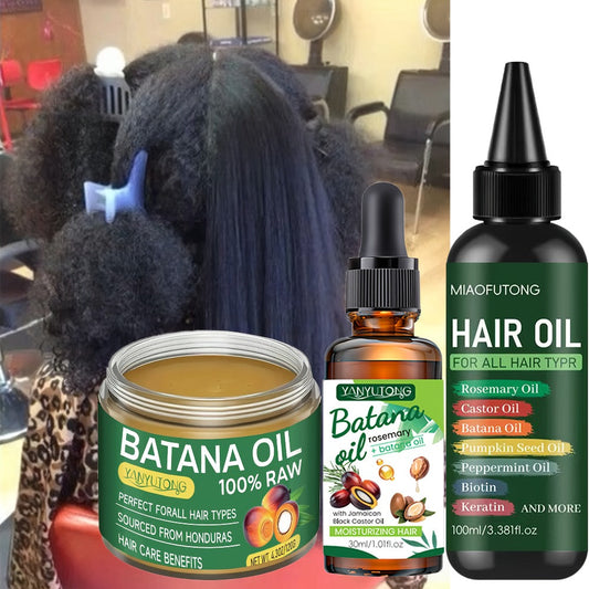 Biotin Hair Oil 3-Piece Set with Cold-Pressed Bataina Oil Essential Oil & Conditioner | Strengthens Prevents Breakage Split Ends Enhances Shine | All Hair Types Women Men