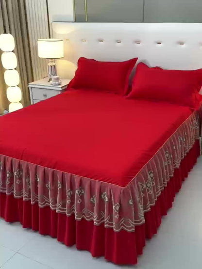 Macrame Lace Bed Skirt Set 3pcs – Double Layer Non-Slip Bed Skirt with 2 Pillowcases All Seasons Twin Full Queen King