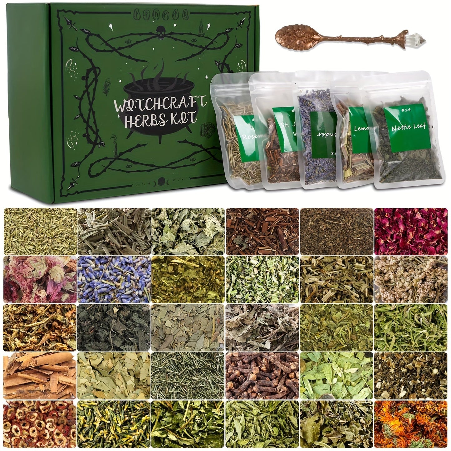 Dried Herbs Kit 30 Packs for Wicca Witchcraft Rituals Altar Supplies Magic Spells with Metal Spoon Witch Starter Set Halloween Gift for Her Him