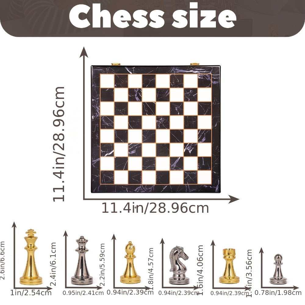 Metal Chess Set with 11.5-Inch Marble-Look Storage Board, Zinc Alloy Pieces and Extra Queens