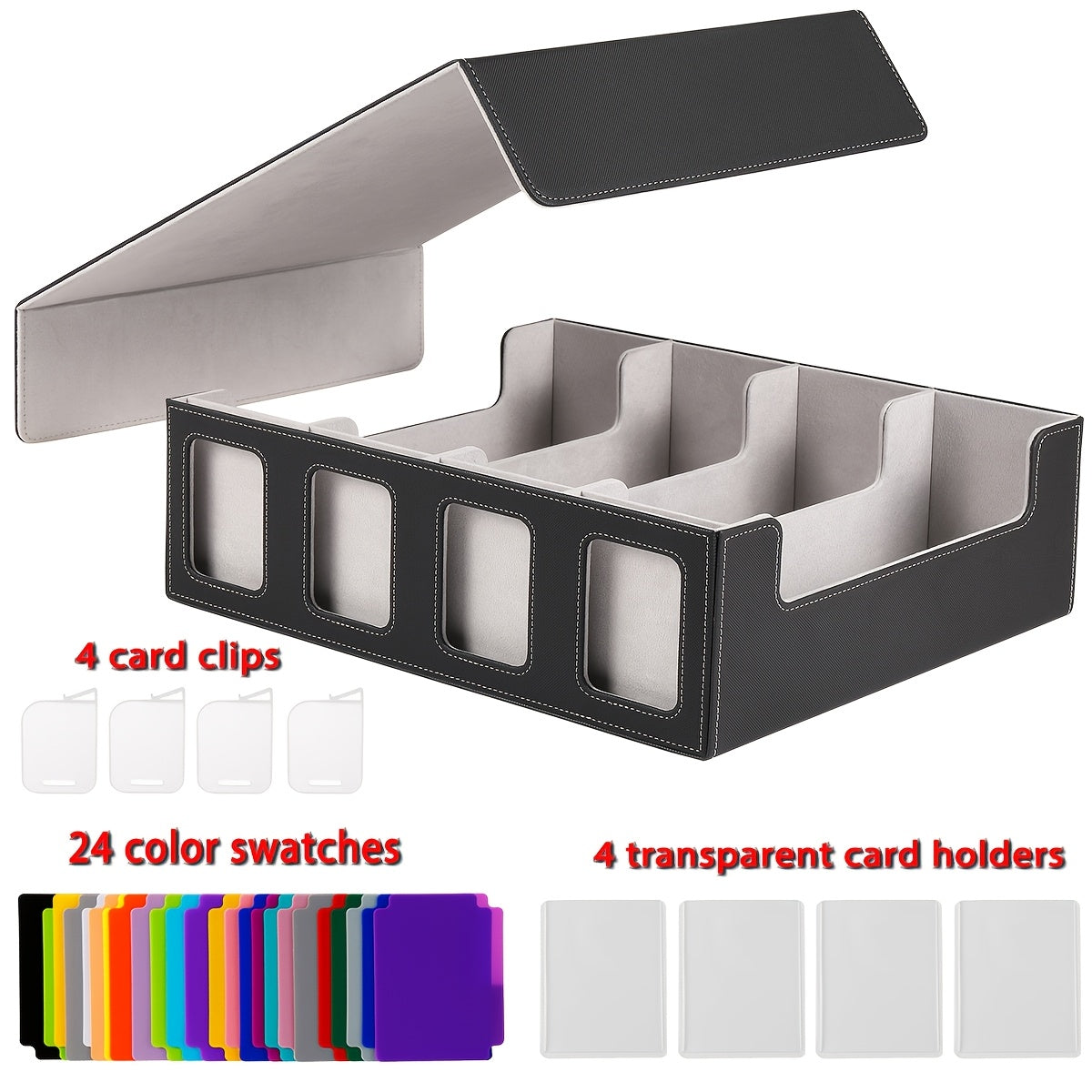 Four-Row Trading Card Storage Box with Display Windows, Four Colors and Pictured Divider Accessories