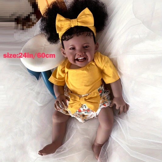 Reborn Doll, 24-Inch Dark-Tone Cloth-Body Figure with Silicone Head and Limbs, Rooted Hair and Accessories