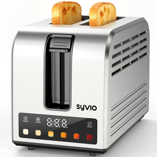 Toaster 2-Slice Stainless Steel Smart Touchscreen – 5 Bread Types, 6 Browning Levels, Wide Slots, Temperature Control, Removable Crumb Tray, Compact Kitchen Toaster