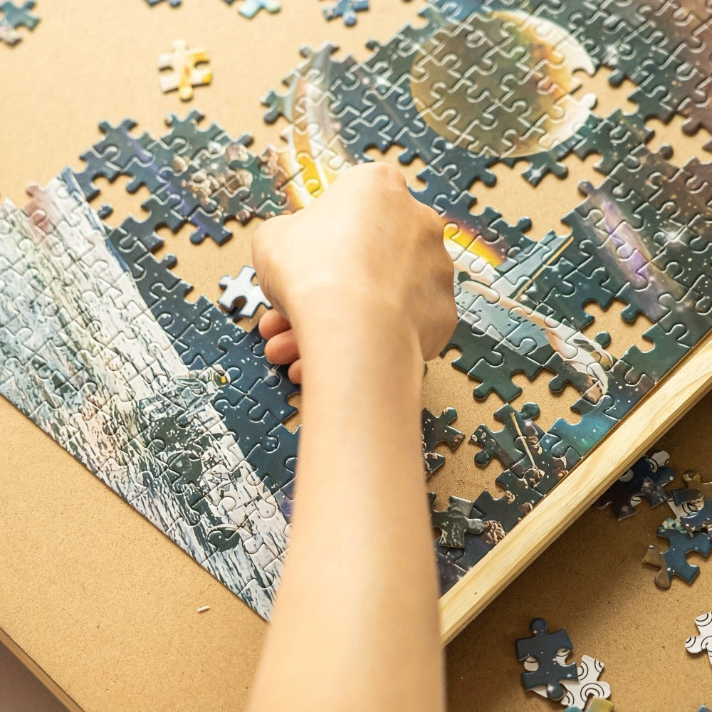 Wood-Look Puzzle Board with Six Sorting Drawers, 35.3 x 26.7-Inch Surface and 1500-Piece Label