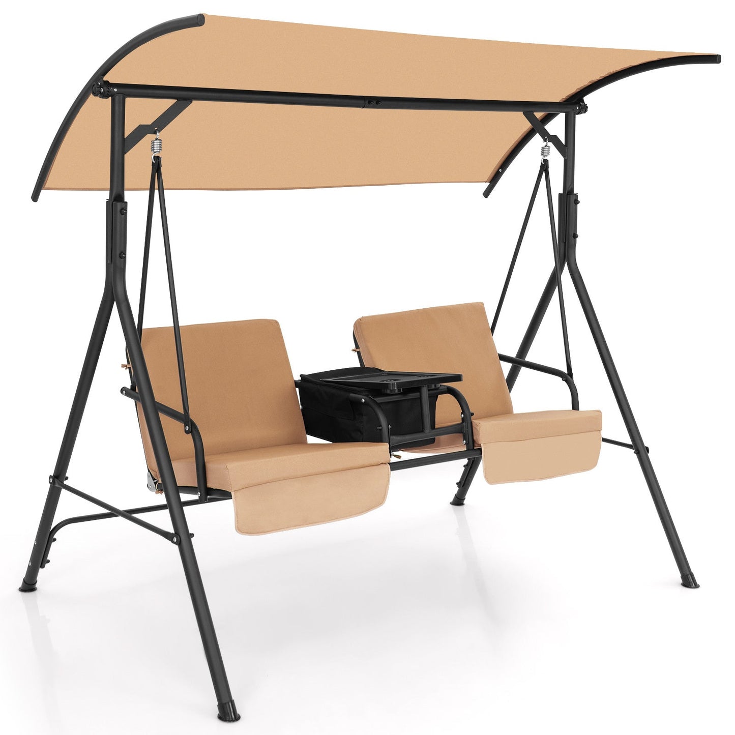 Two-Person Patio Canopy Swing with Cooler Bag, Rotating Tray and Cushions in Beige or Turquoise
