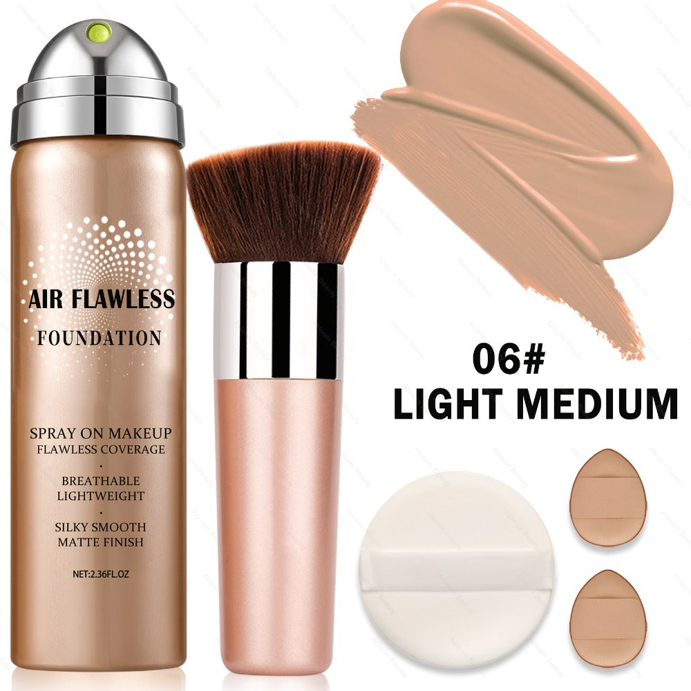 Spray Liquid Foundation and Flat-Top Brush Set with Matte Finish and Eight Numbered Shades