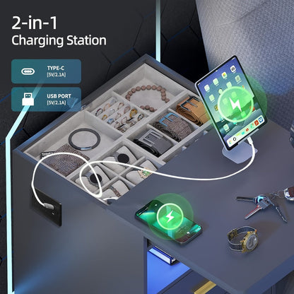 Nightstand Two-Drawer Bedside Table with Lockable Hidden Tray, Charging Station and 16-Color RGB Light