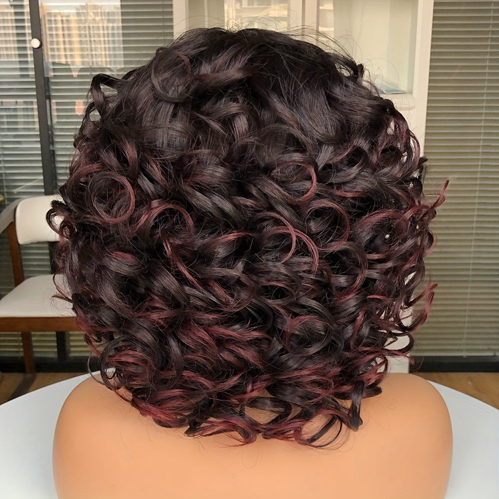 Synthetic Wig 14-Inch Jerry Curls with Wispy Bangs and 13x1 Lace Front in Three Colors for Daily Styling